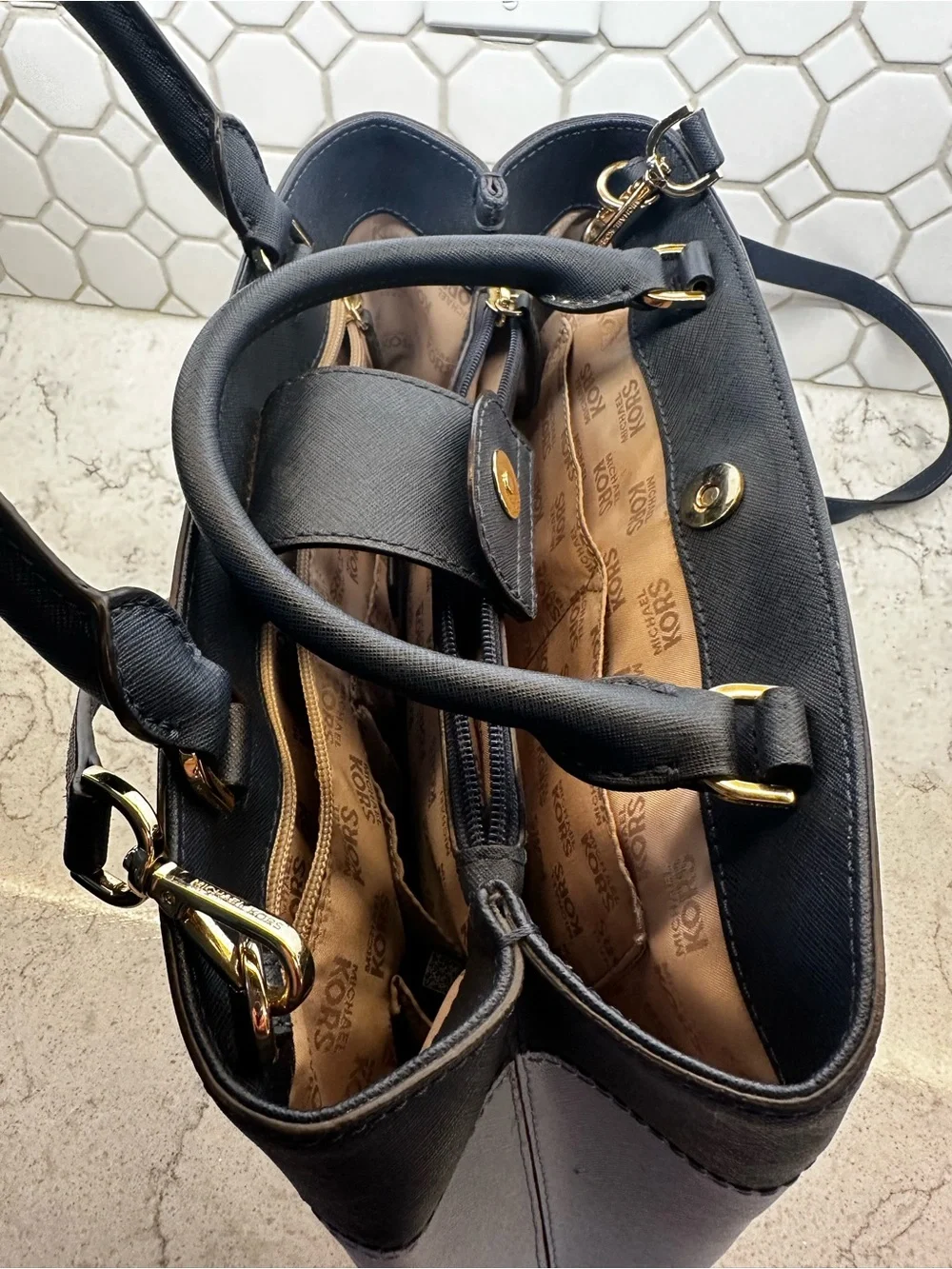 Michael Kors Light Blue and Black Saffiano Leather Satchel
